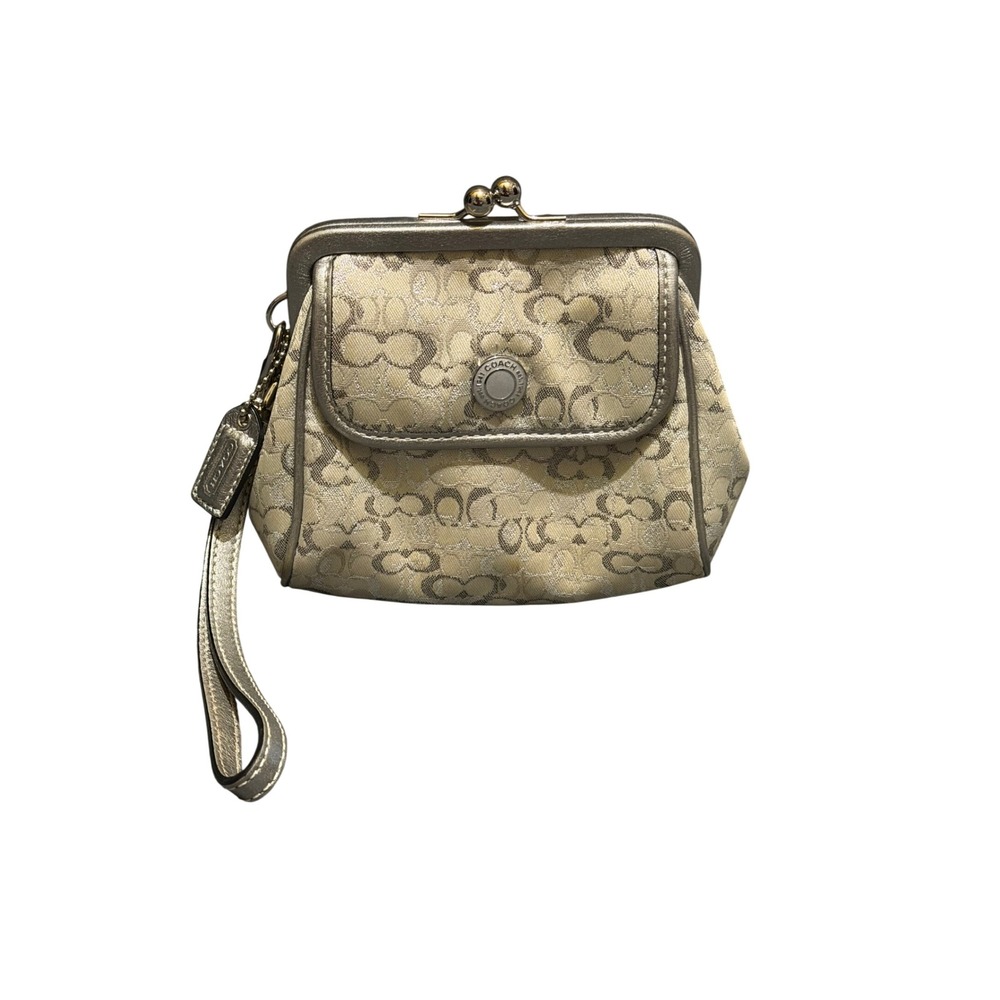 Coach Signature C Jacquard Kiss Lock Wristlet Metallic Champagne Lavender Lining